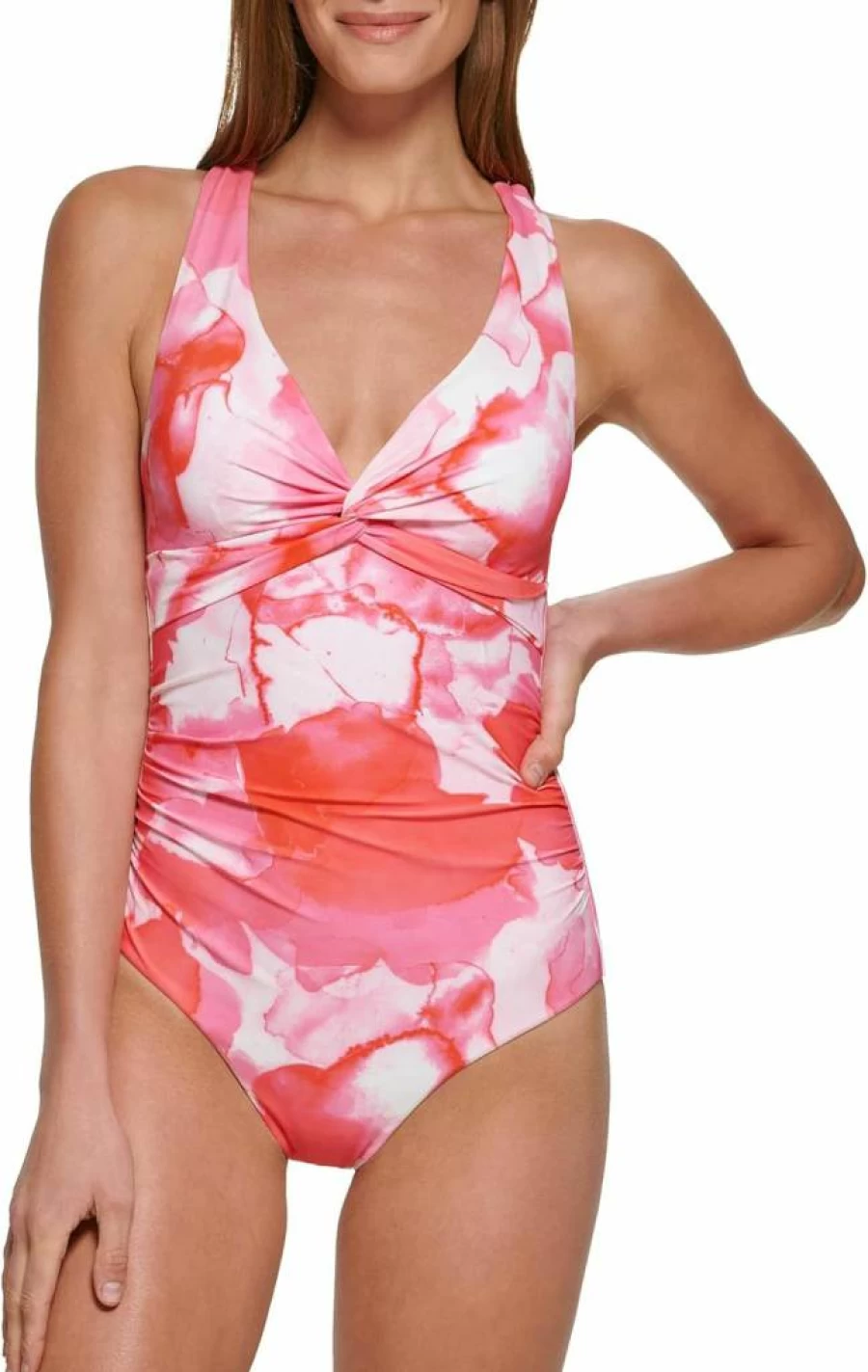 Calvin Klein Women's Tummy Control One Piece Swimsuit with V-Neck and Twist Front Design