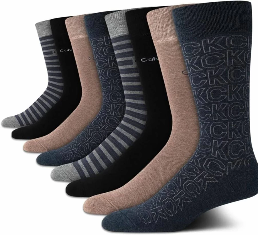 Calvin Klein Men's Lightweight Cotton Blend Crew Socks 8-Pack for Size 7-12 - Solid Color Dress Socks