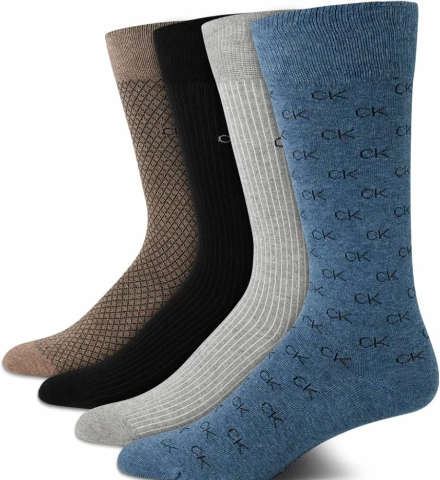 Calvin Klein Men's Cotton Blend Patterned Dress Socks - 4-Pack Crew Socks for Casual & Formal Wear