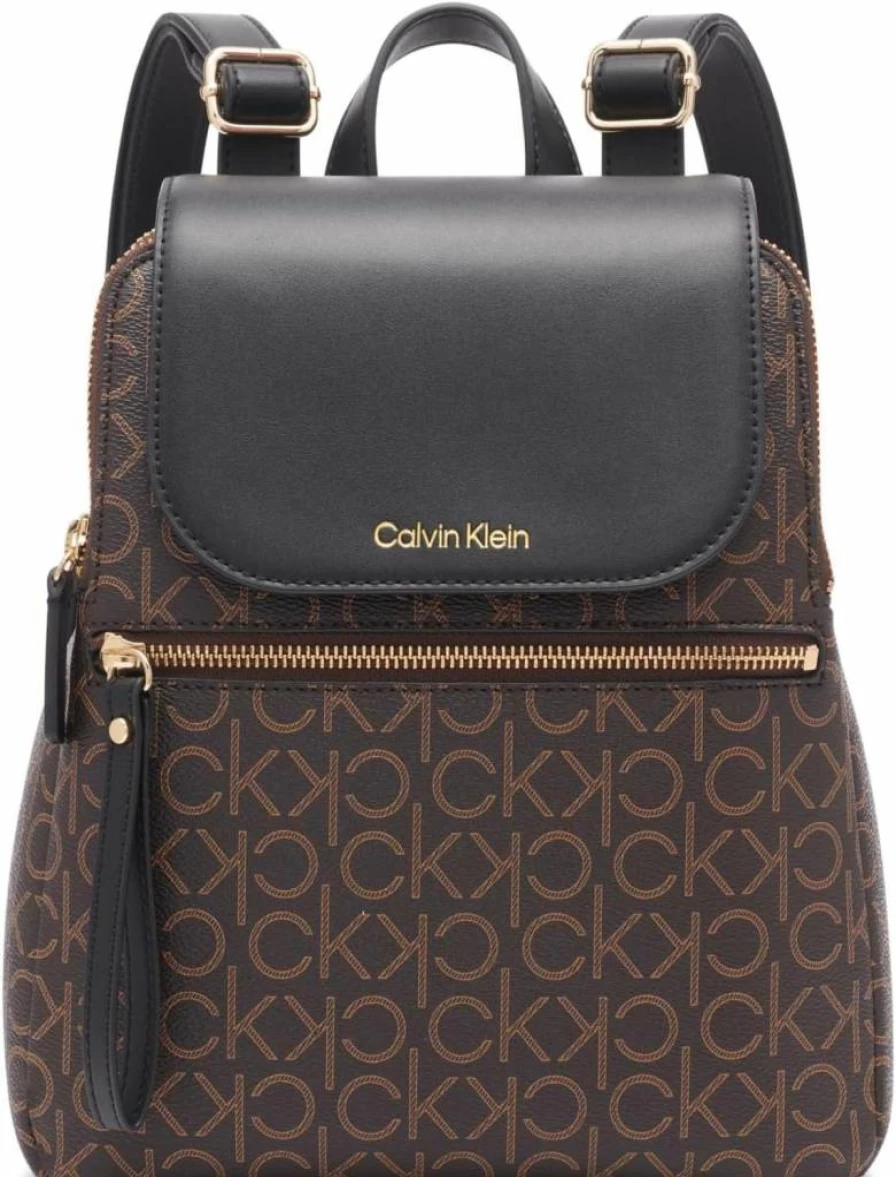 Calvin Klein Reyna Signature Flap Backpack for Women, Brown Khaki Black, Stylish Laptop Daypack