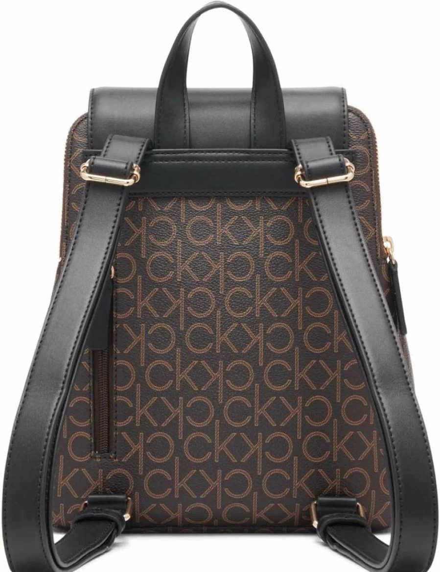 Calvin Klein Reyna Signature Flap Backpack for Women, Brown Khaki Black, Stylish Laptop Daypack