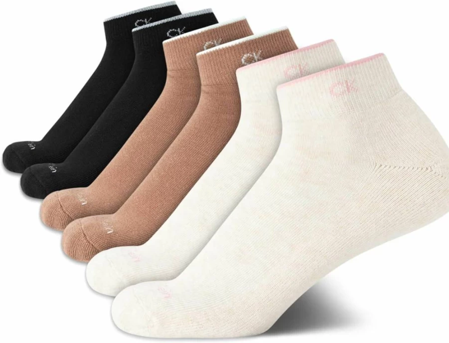 Calvin Klein Women's 6-Pack Lightweight Breathable Athletic Ankle Socks - Cushioned Quarter Cut Design for Comfort