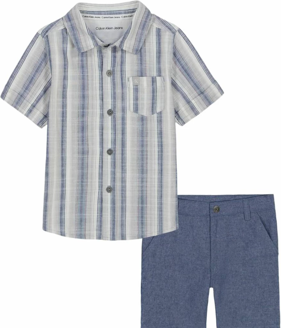 Calvin Klein Boys' 2-Piece Shirt and Shorts Set for Kids - Casual Summer Outfit