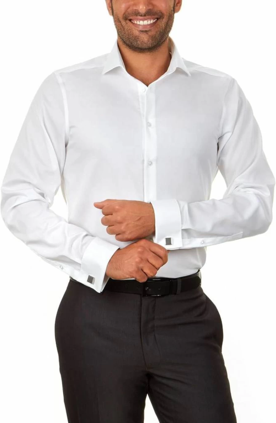 Calvin Klein Men's White Slim Fit Non-Iron French Cuff Dress Shirt with Herringbone Pattern, 18 Neck 34-35 Sleeve