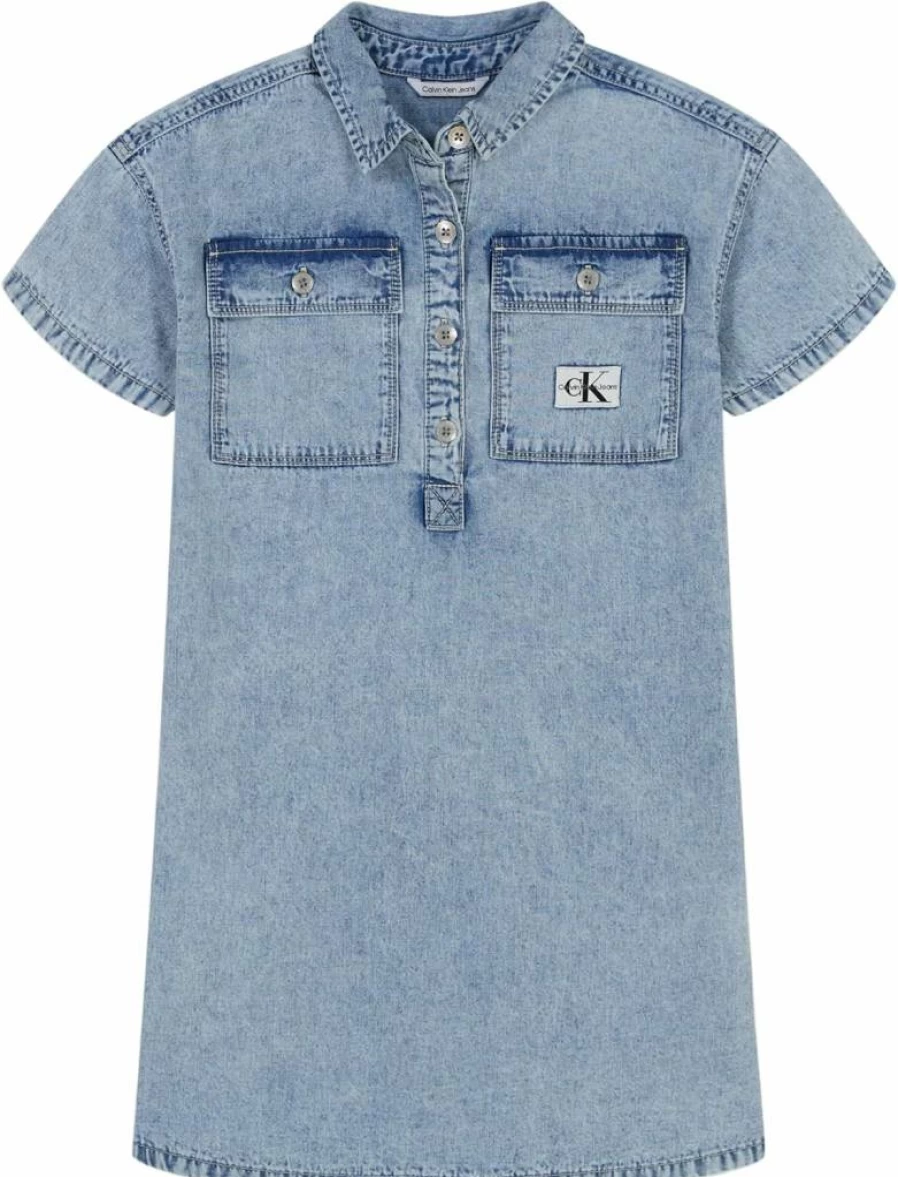 Calvin Klein Girls' Denim Chambray Shirt Dress for Kids - Casual Short Sleeve Blue Dress