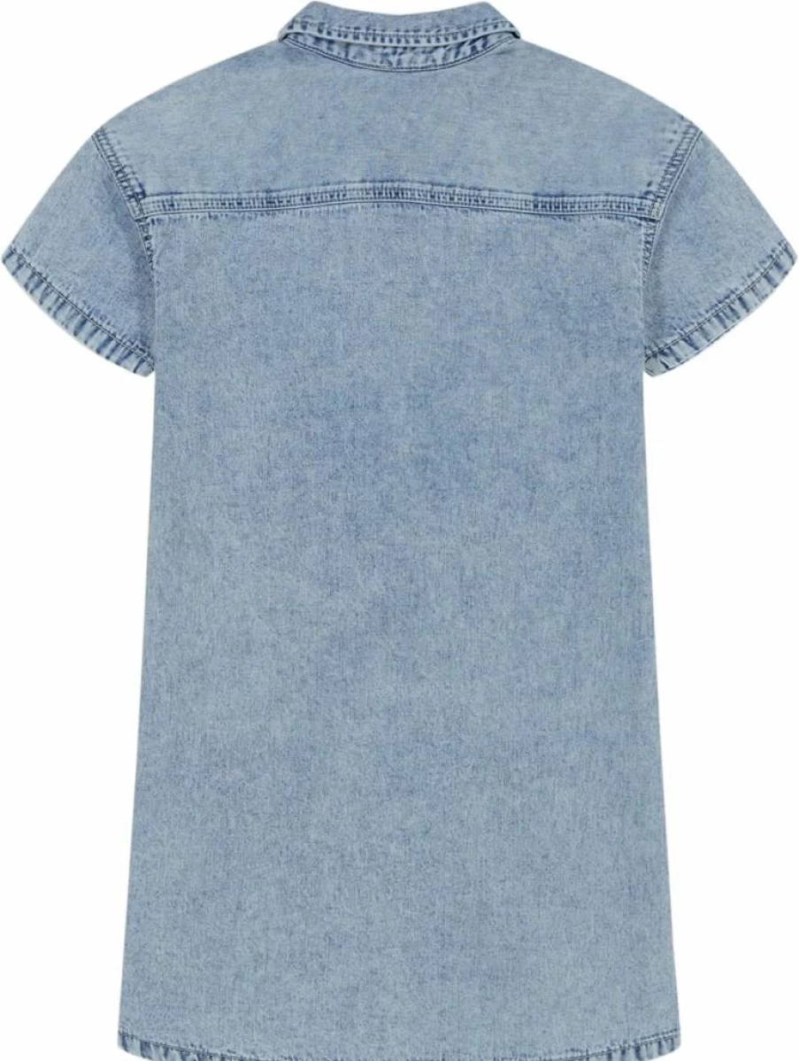 Calvin Klein Girls' Denim Chambray Shirt Dress for Kids - Casual Short Sleeve Blue Dress