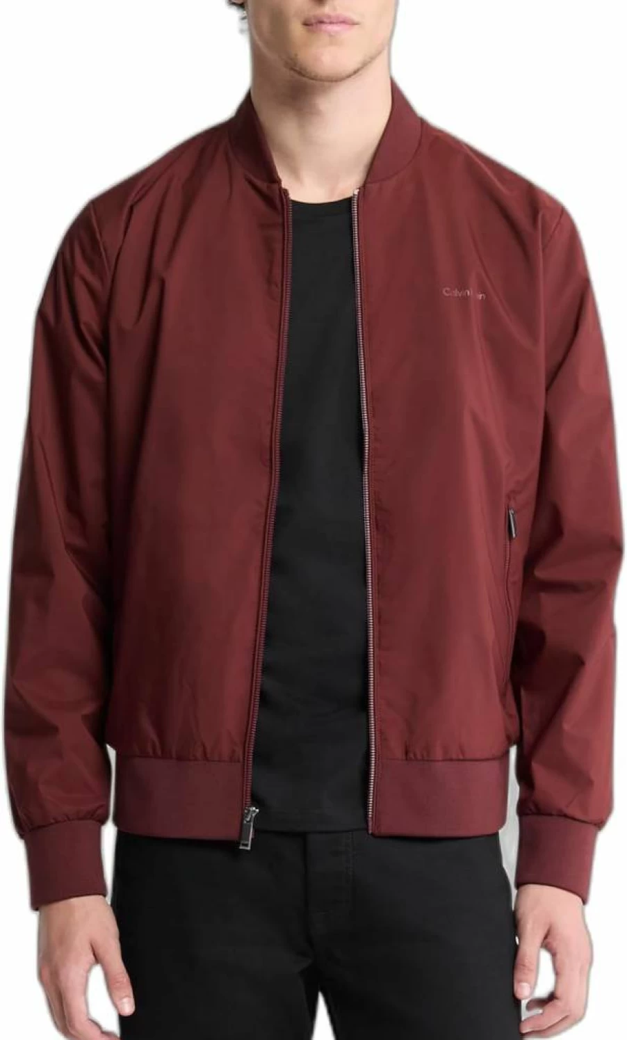 Calvin Klein Men's Matte Black Logo Bomber Jacket with Zip Front