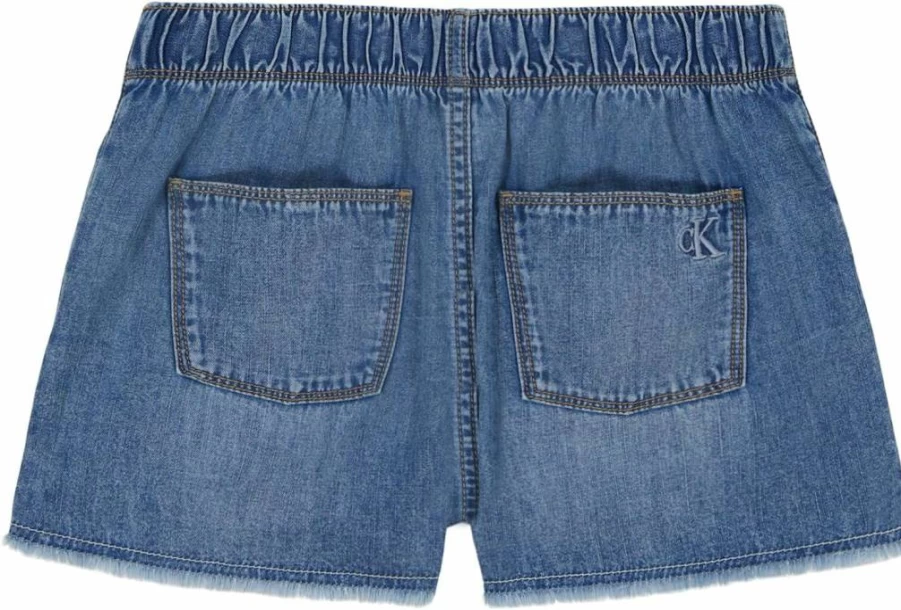 Calvin Klein Girls' Denim Scooter Shorts with Drawstring Waist - Mid-Rise Comfort Fit