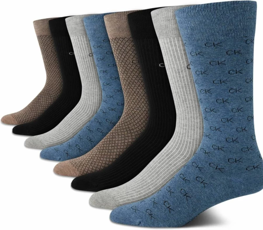 Calvin Klein Men's 8-Pack Cotton Blend Crew Dress Socks for Work & Casual Wear (Sizes 7-12) - Breathable Comfort Socks