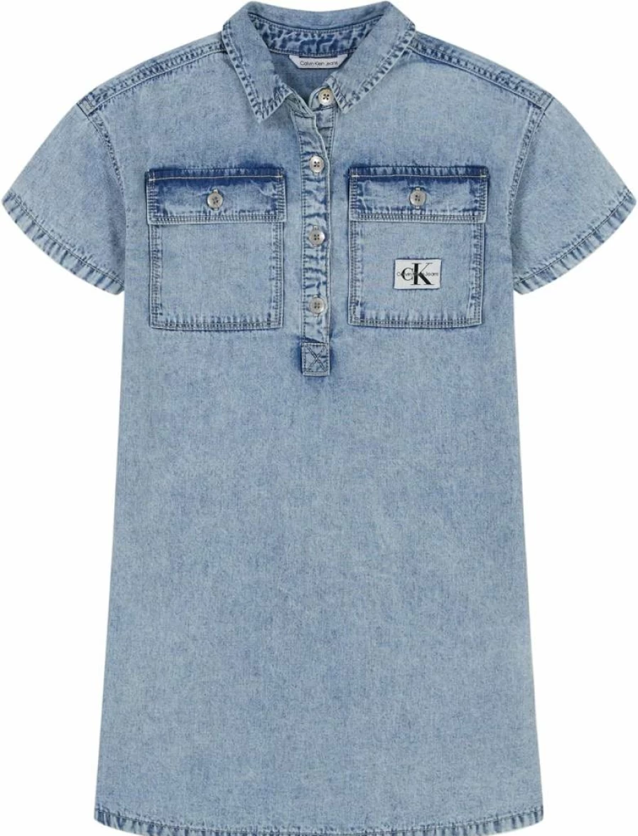 Calvin Klein Girls' Denim Shirt Dress for Kids - Short Sleeve Chambray Blue Casual Wear