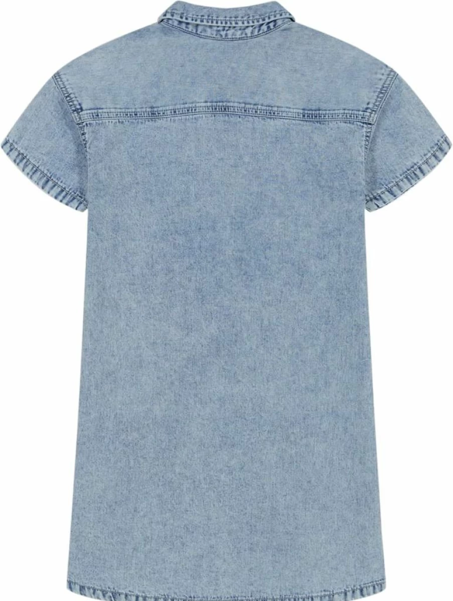 Calvin Klein Girls' Denim Shirt Dress for Kids - Short Sleeve Chambray Blue Casual Wear
