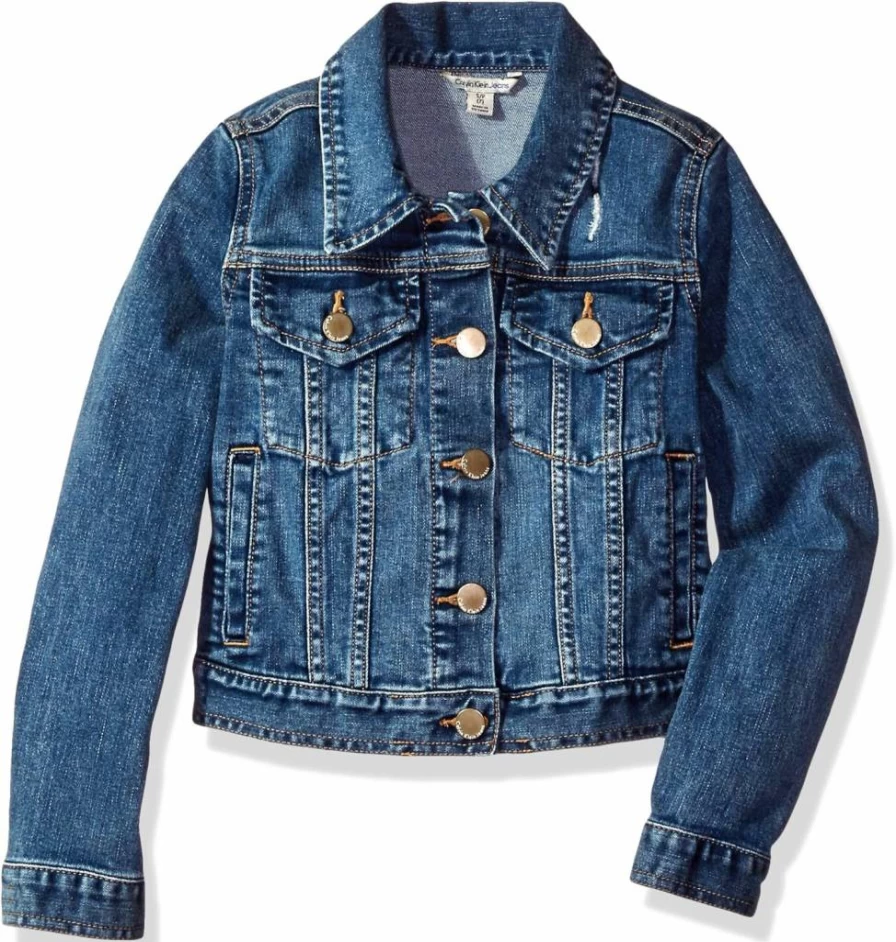 Calvin Klein Girls' Denim Jacket - Stretch Comfort, Button Closure, Casual Style Jean Jacket for Kids