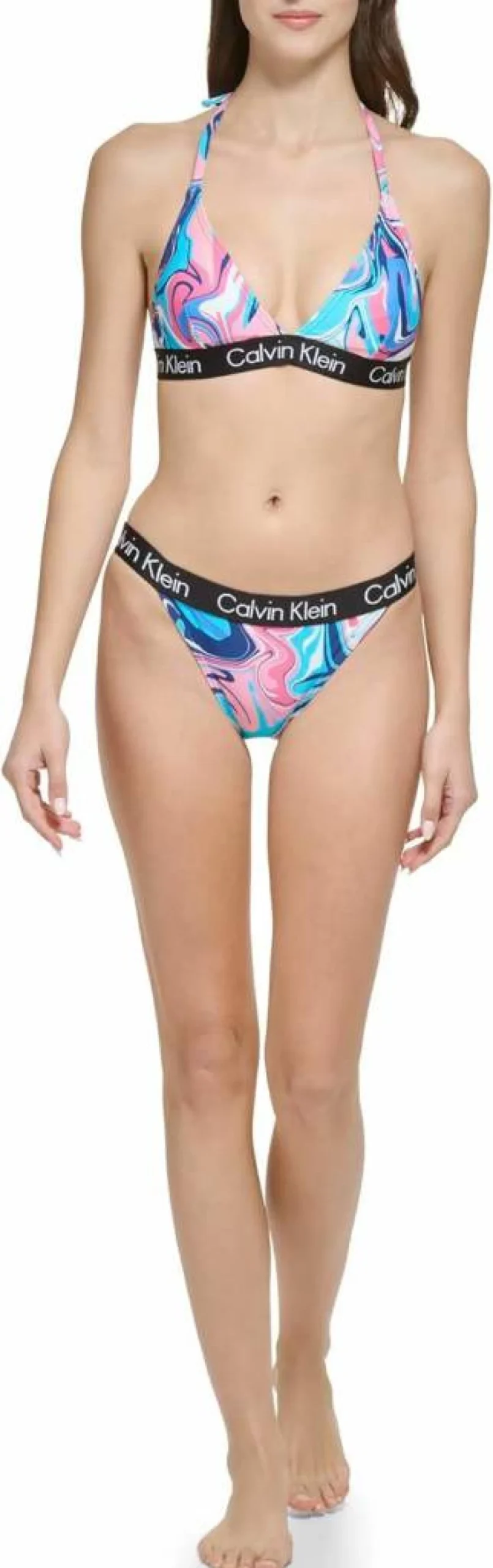 Calvin Klein Women's Low Rise Logo Print Triangle Bikini Set - Elastic Waist Swimwear