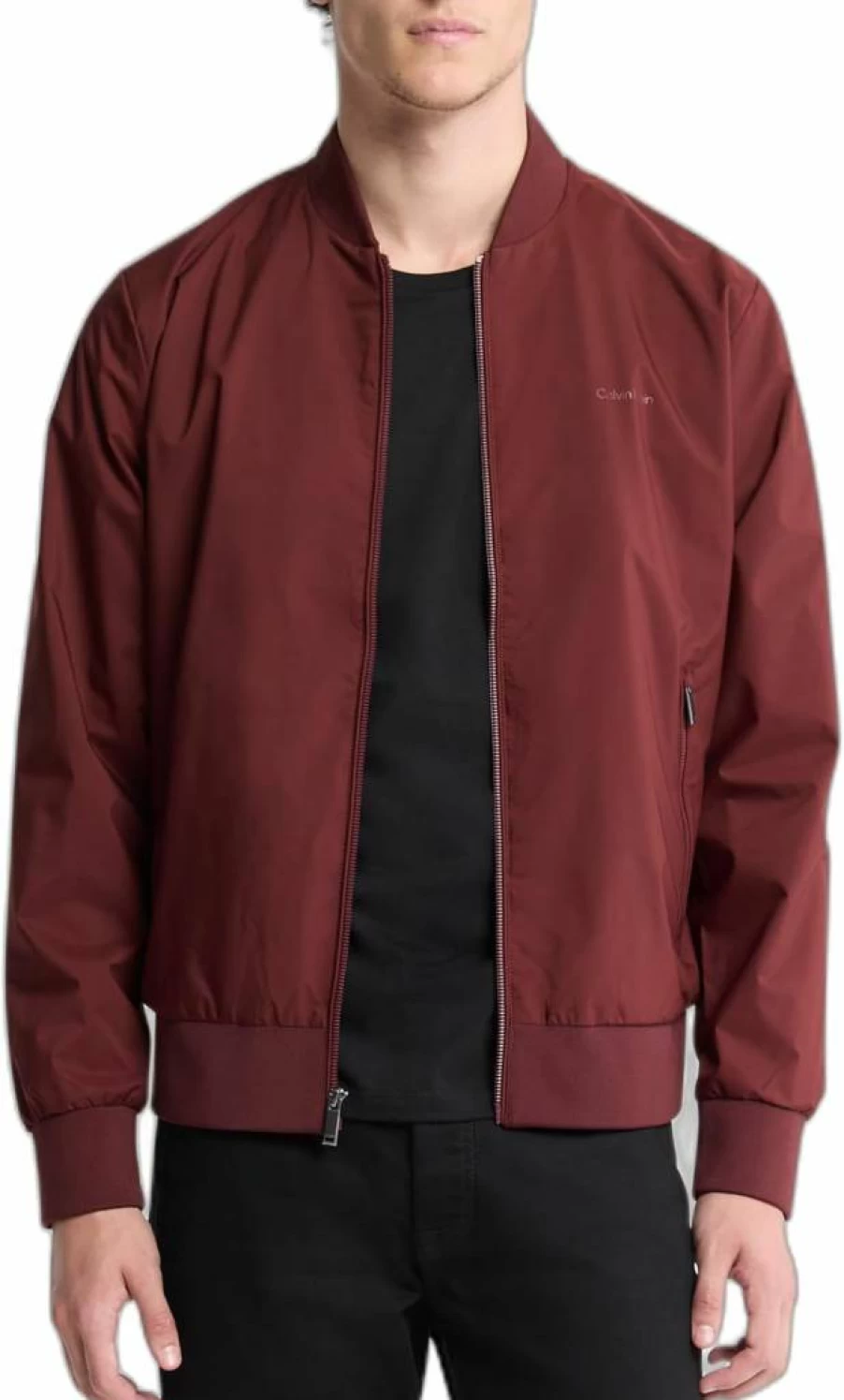 Calvin Klein Men's Matte Black Logo Bomber Jacket with Zip Closure