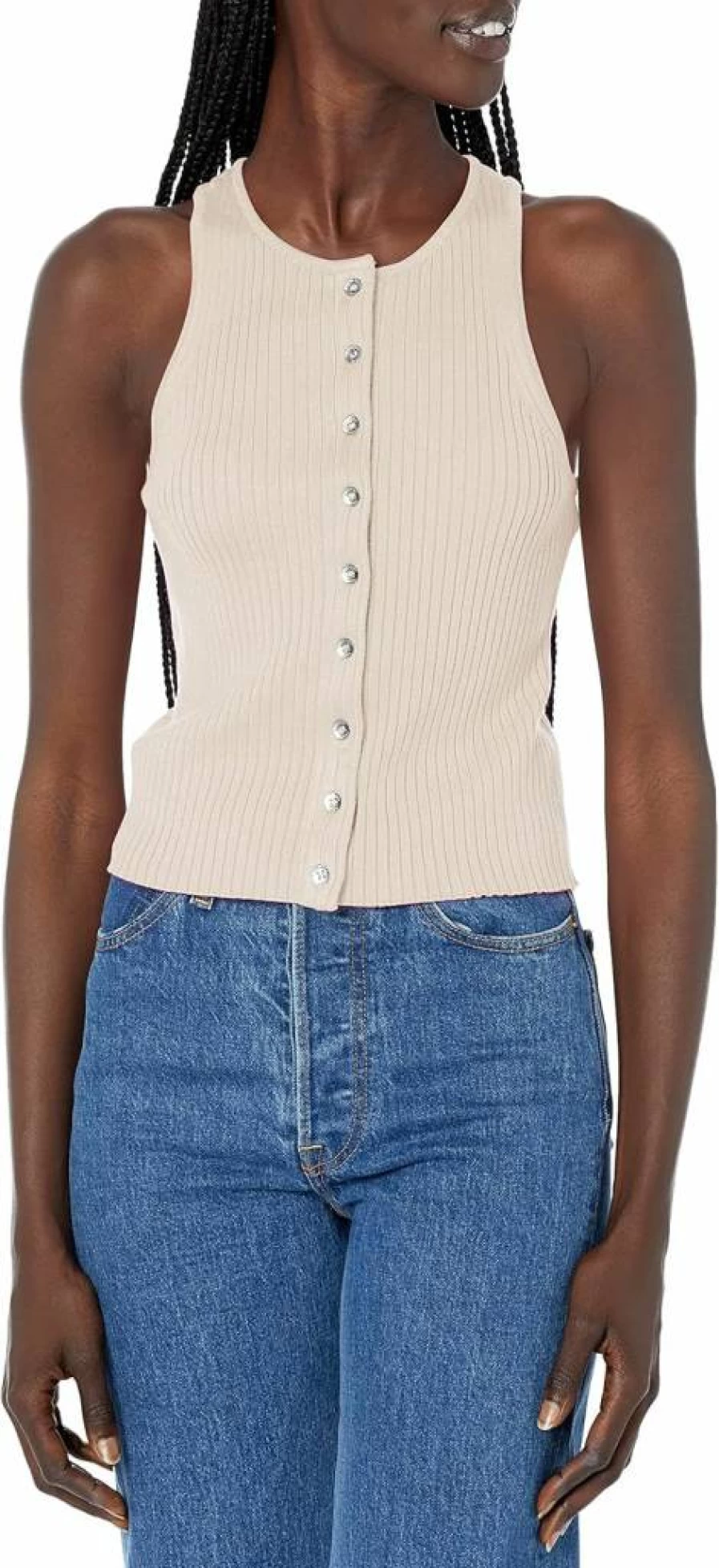 Calvin Klein Women's Ribbed Knit Scoop Neck Tank Top with Button Detail
