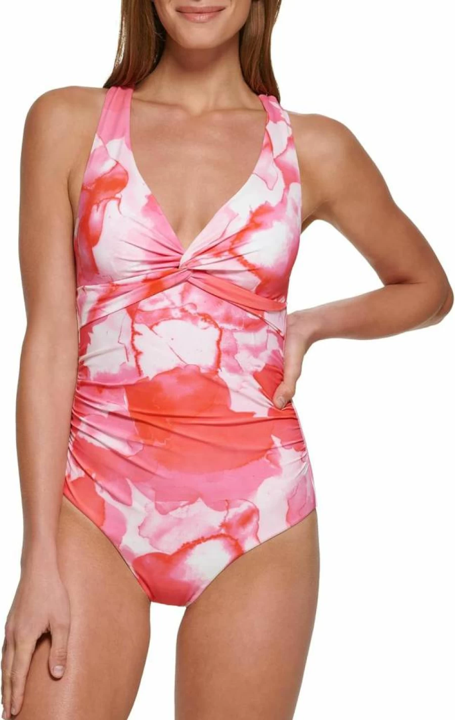 Calvin Klein Women's Tummy Control One Piece Swimsuit with V-Neck and Twist Front Design