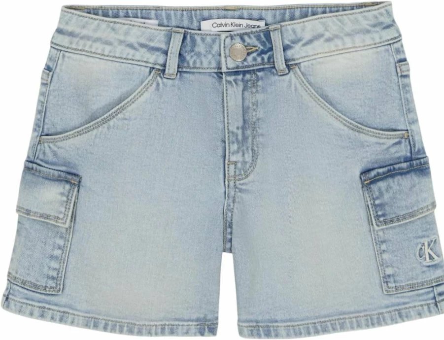 Calvin Klein Girls' Cargo Denim Shorts - Relaxed Fit Stretch Jeans for Comfort & Style