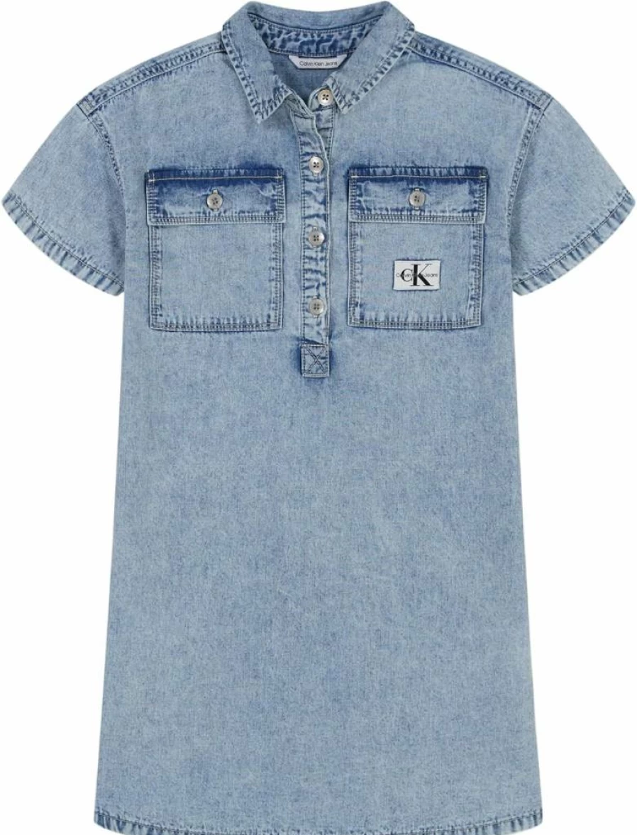 Calvin Klein Girls' Denim Chambray Shirt Dress for Kids - Casual Short Sleeve Blue Dress