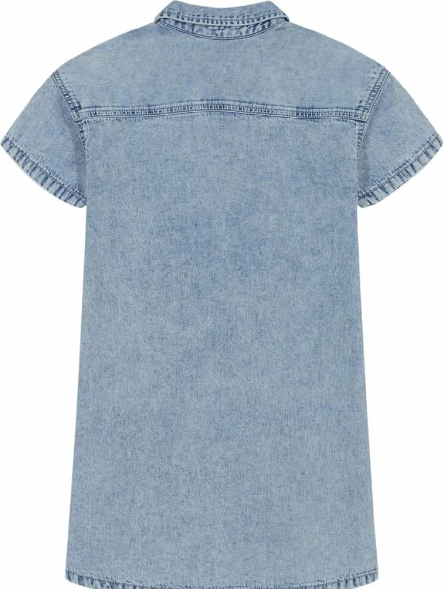 Calvin Klein Girls' Denim Chambray Shirt Dress for Kids - Casual Short Sleeve Blue Dress