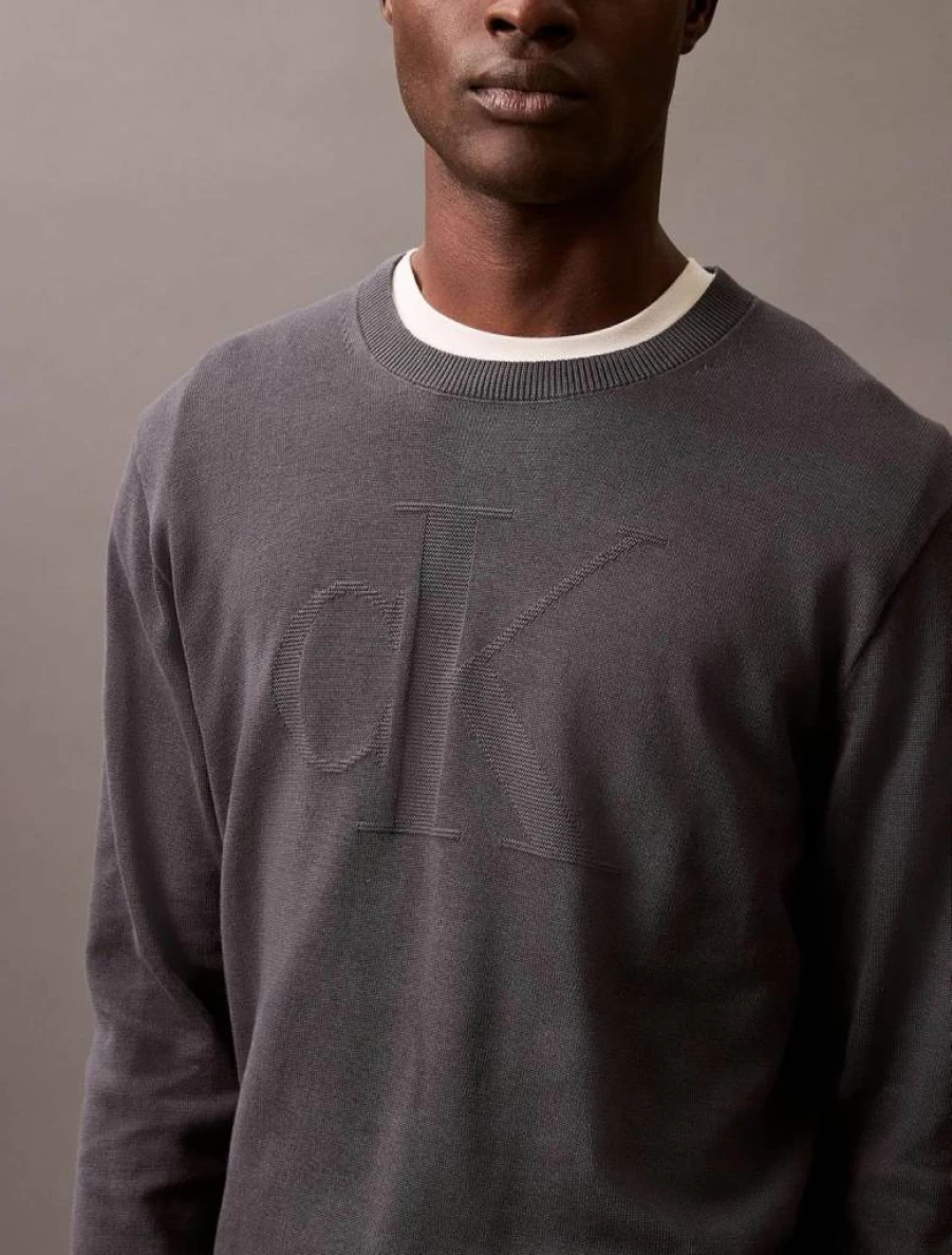 Calvin Klein Men's Monogram Logo Cotton Sweater - Soft Smooth Knit Pullover for Men