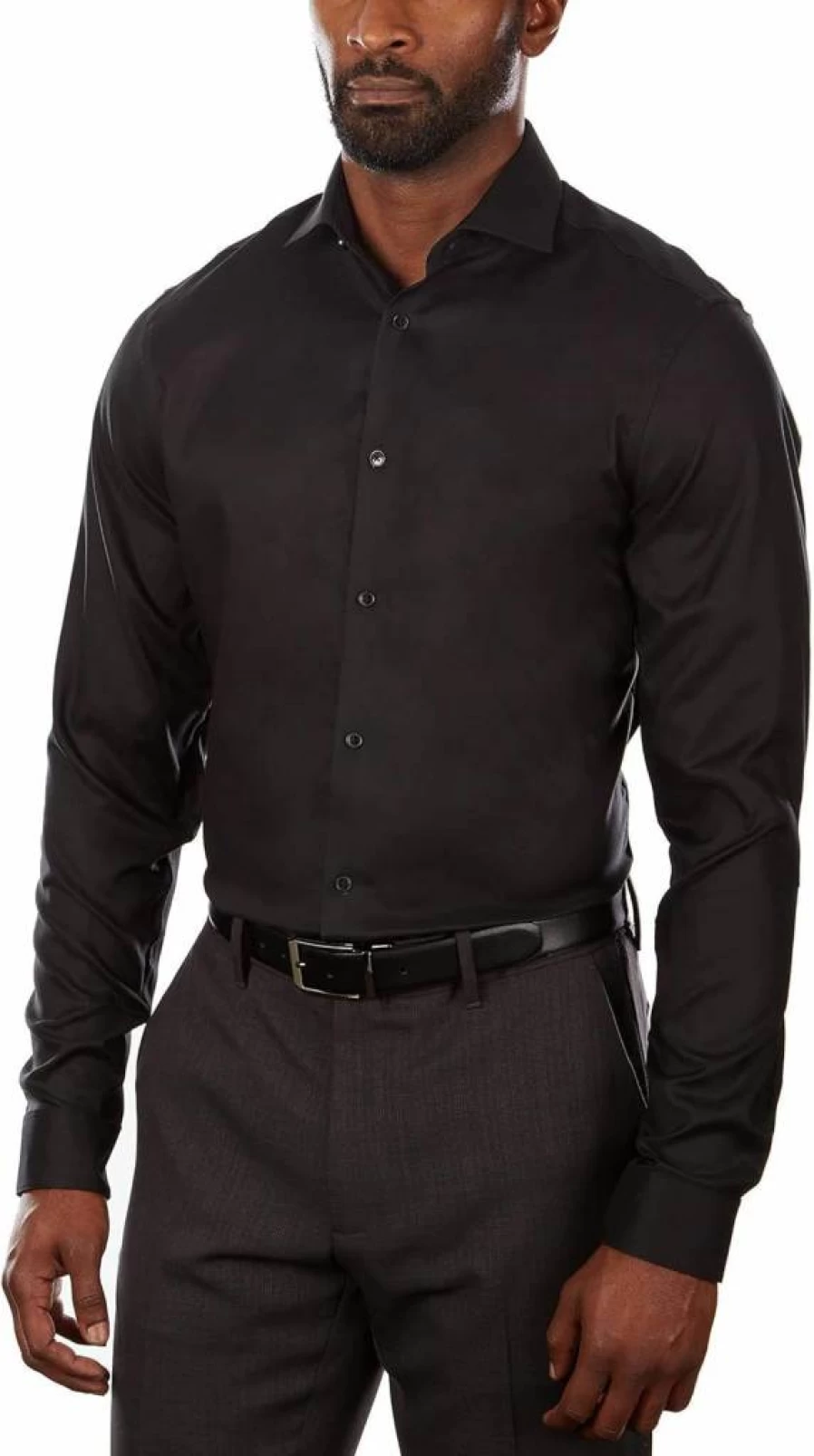 Calvin Klein Men's Slim Fit Non-Iron Dress Shirt - Jet Black, 15.5 Neck 32-33 Sleeve, Stretch Comfort Formal Wear