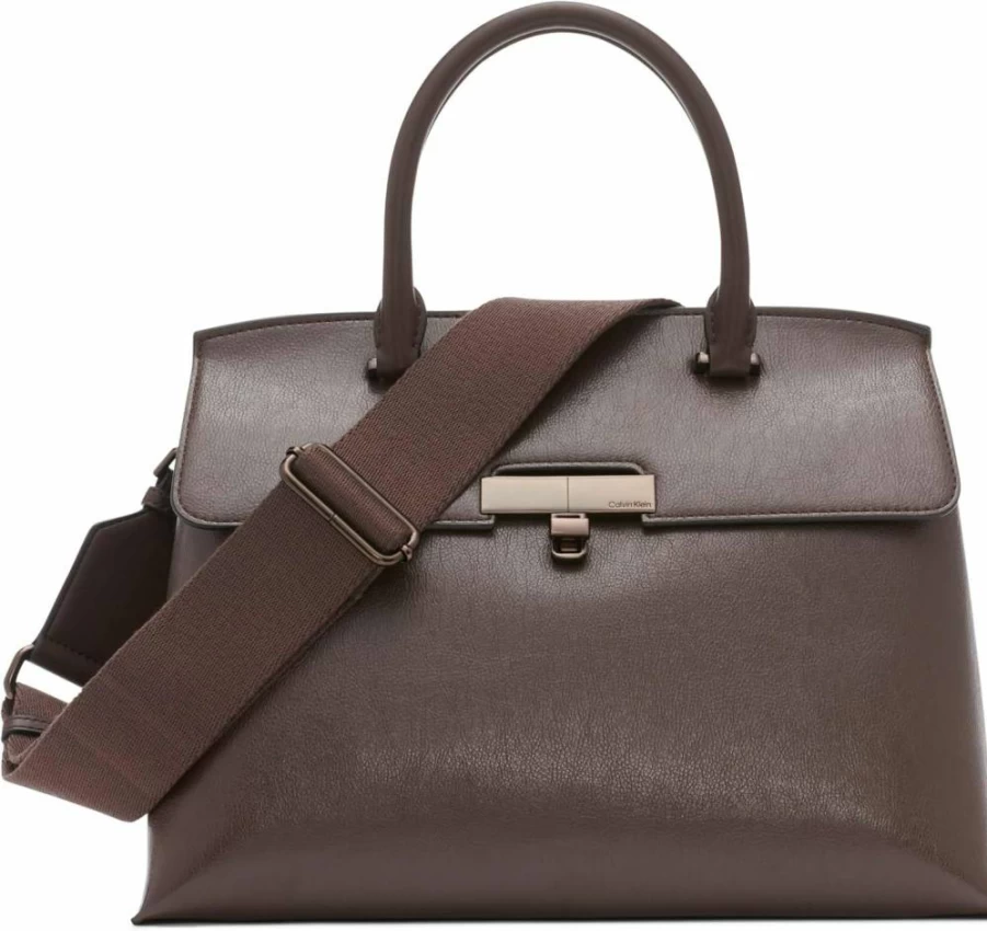 Calvin Klein Women's Becky Vegan Leather Satchel Bag – Turn Lock Design, 2-in-1 Convertible, 3 Pockets, Stylish Handbag