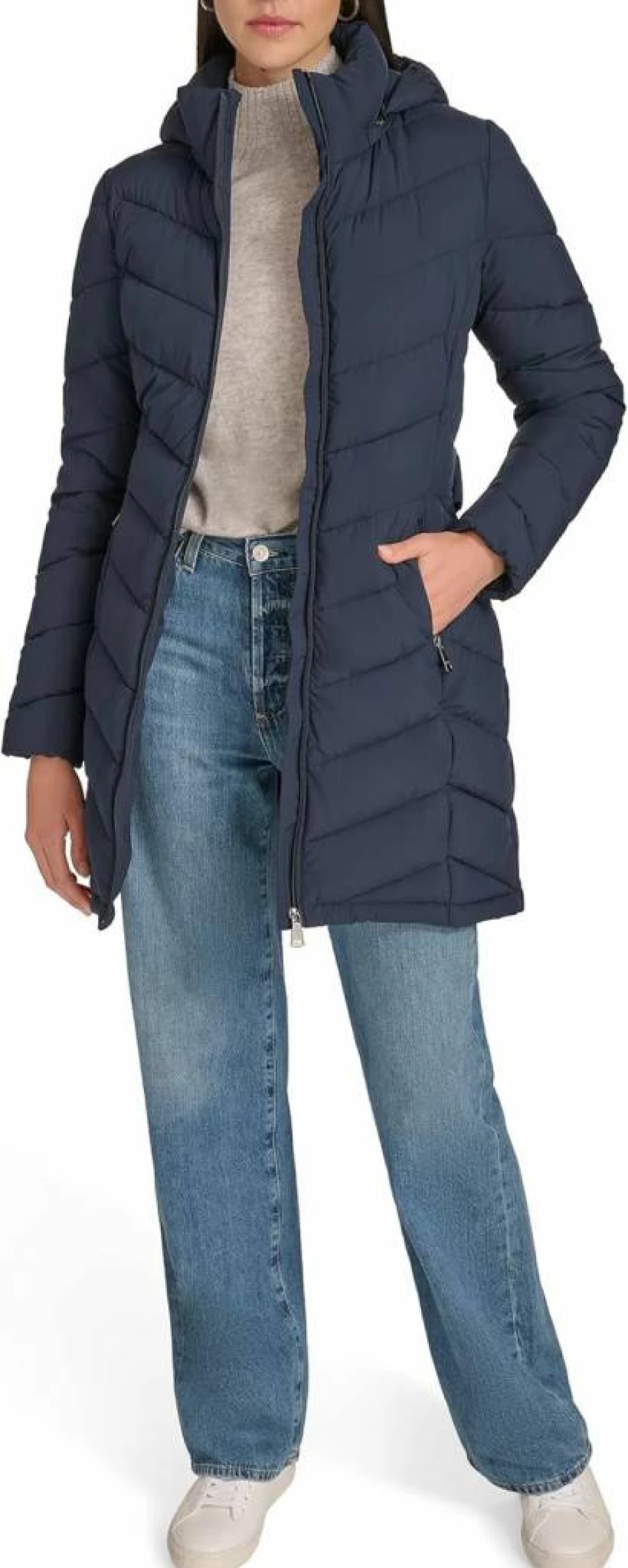 Calvin Klein Women's Hooded Puffer Jacket - Zip Front Long Sleeve Winter Coat for Everyday Wear