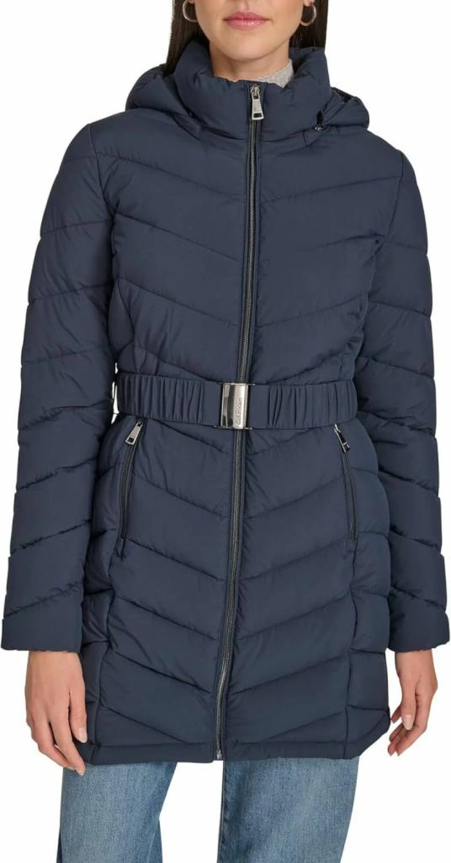 Calvin Klein Women's Hooded Puffer Jacket - Zip Front Long Sleeve Winter Coat for Everyday Wear