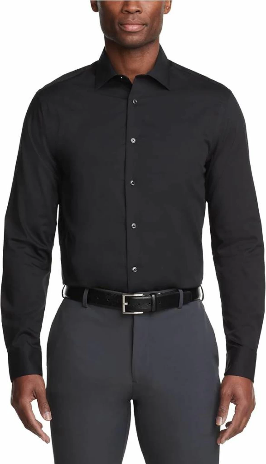 Calvin Klein Men's Black Herringbone Non-Iron Dress Shirt Regular Fit 16.5 34-35