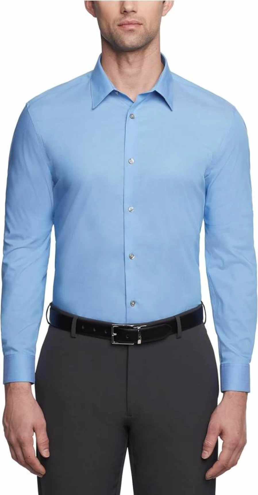 Calvin Klein Slim Fit Non-Iron Smokey Blue Dress Shirt for Men, 15.5 Neck 32-33 Sleeve, Herringbone Point Collar Business Shirt