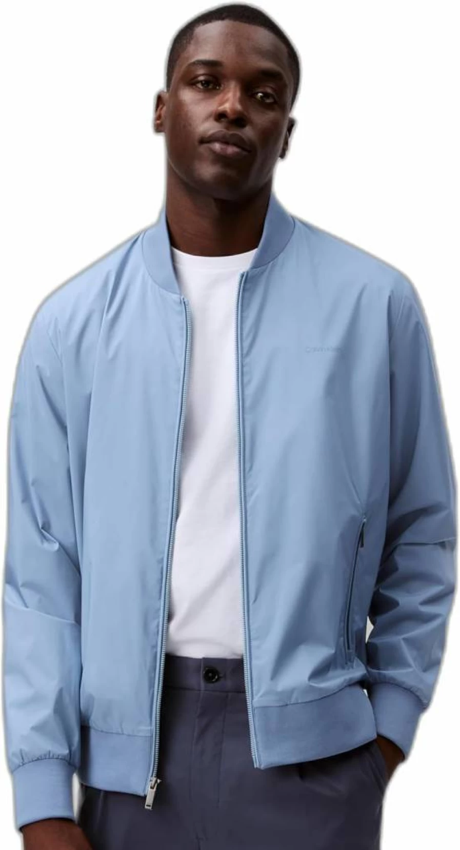Calvin Klein Men's Faded Denim Bomber Jacket with Matte Logo Zip for Casual Wear