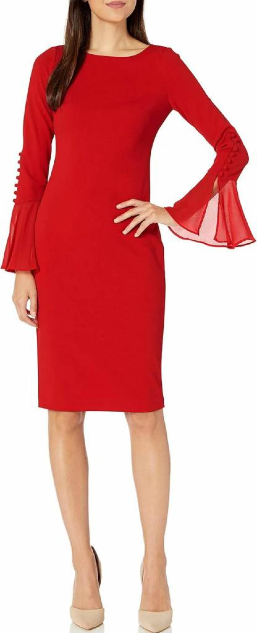 Calvin Klein Women's Chiffon Bell Sleeve Solid Color Sheath Dress