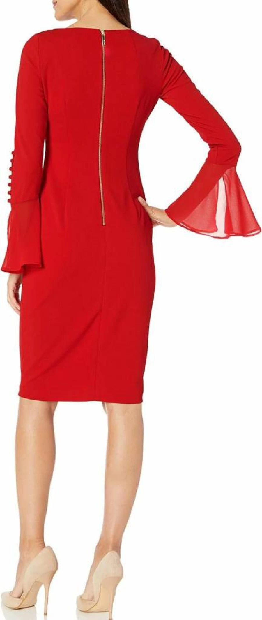Calvin Klein Women's Chiffon Bell Sleeve Solid Color Sheath Dress