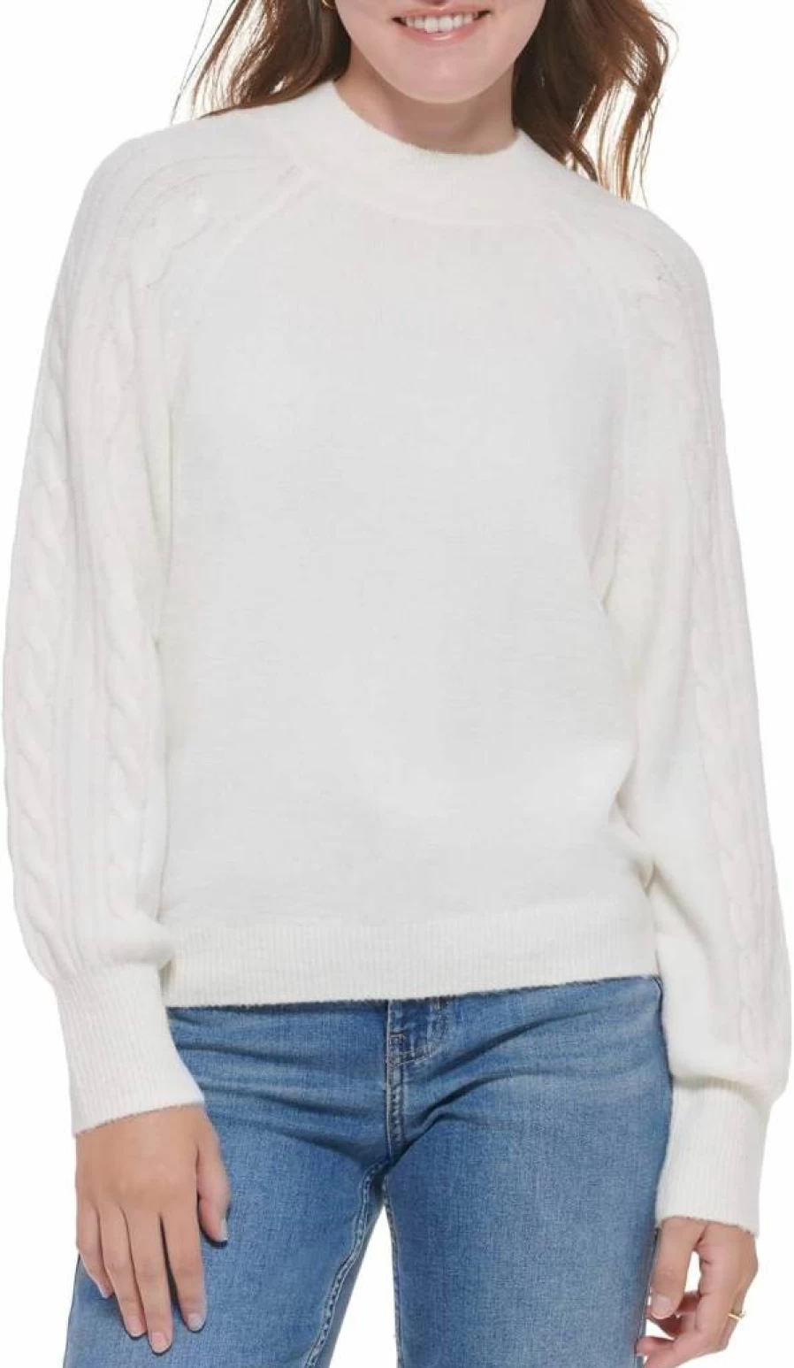 Calvin Klein Women's Cable Knit Sweater - Soft Round Neck Long Sleeve Pullover