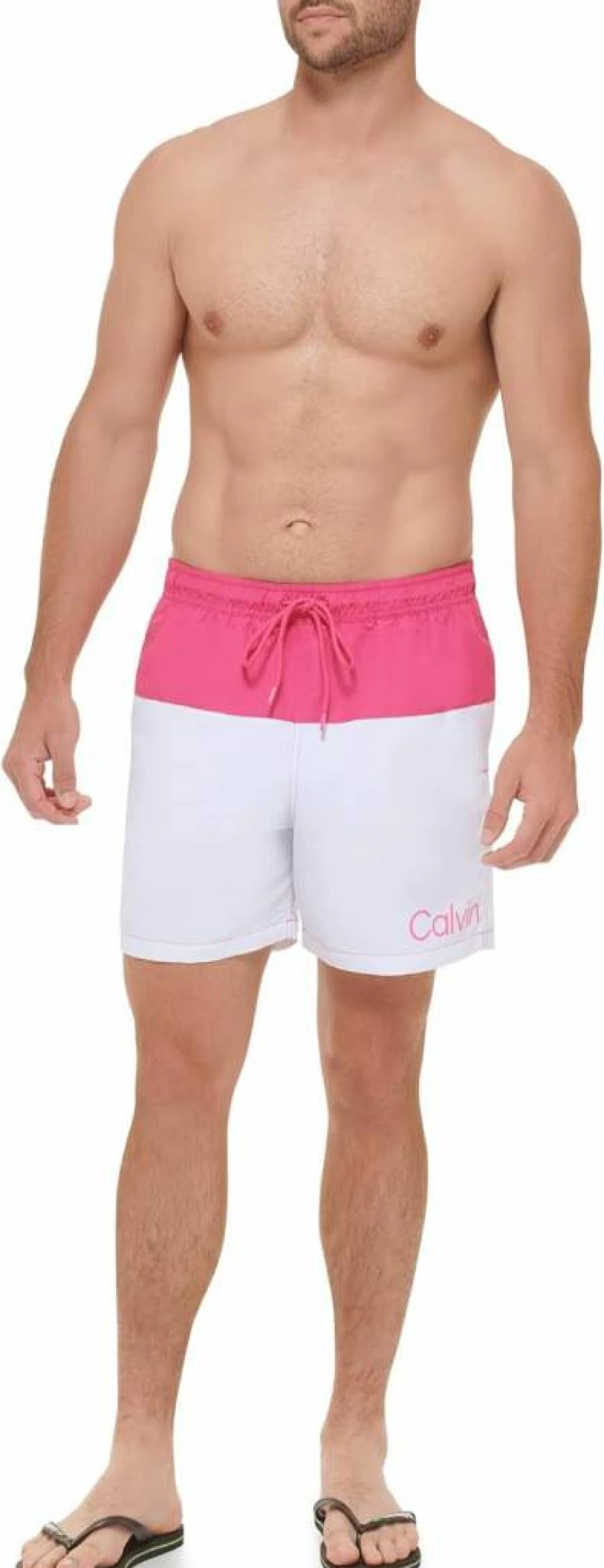 Calvin Klein Men's UV Protection Swim Trunks with Two-Tone Logo Design - Quick Dry Beach Shorts