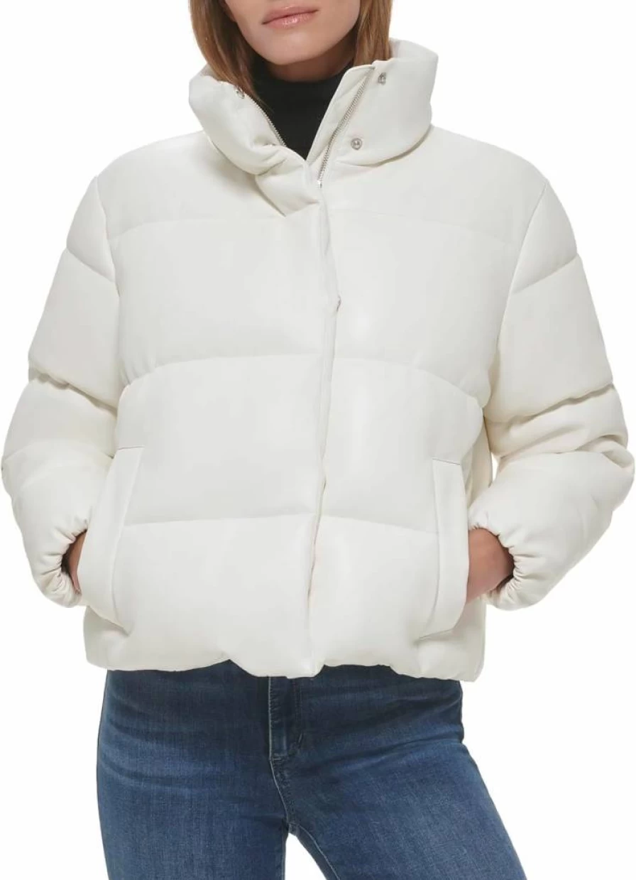 Calvin Klein Women's Faux Leather Puffer Jacket - Short Stylish Winter Coat