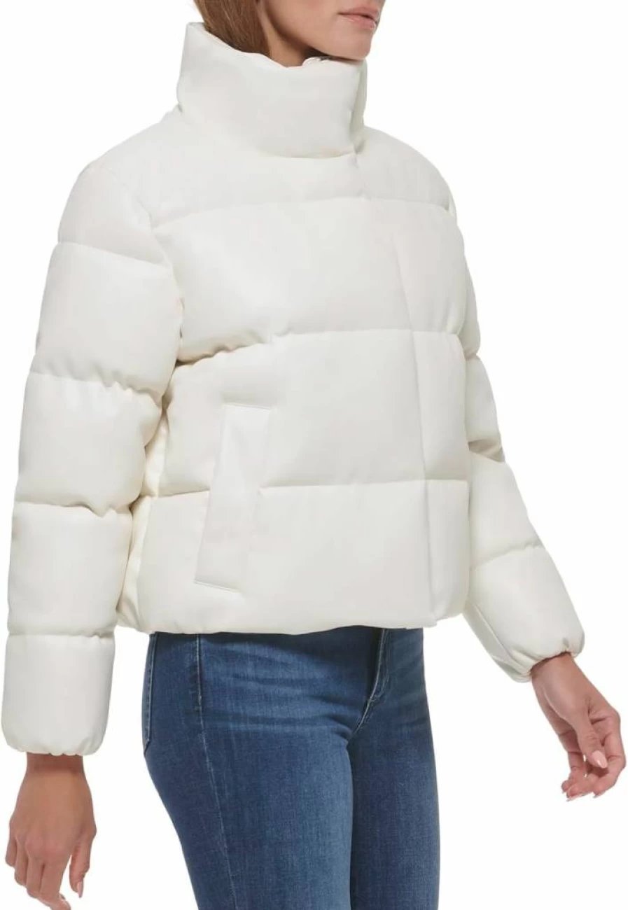 Calvin Klein Women's Faux Leather Puffer Jacket - Short Stylish Winter Coat